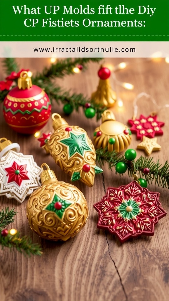 DIY Christmas Ornaments Using IOD Molds A variety of colorful DIY Christmas ornaments made with IOD molds, displayed with festive decorations.